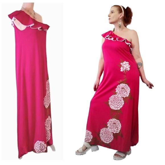 Alfred Shaheen VTG RARE Pink One Shoulder Hand Painted Maxi Dress Size 10 - Picture 8 of 13